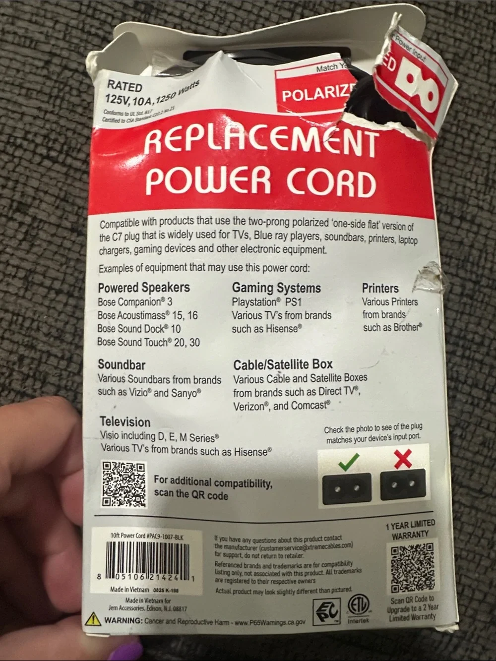 Replacement Power Cord 10ft - Black - Unbranded